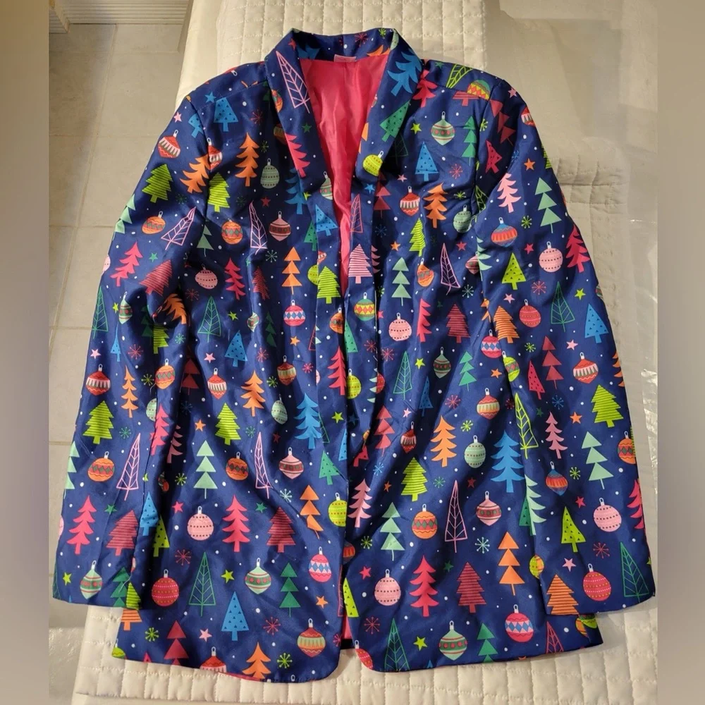 Holiday Time Light Up Womens S Blue Christmas Tree Ornaments Holiday Suit Blazer